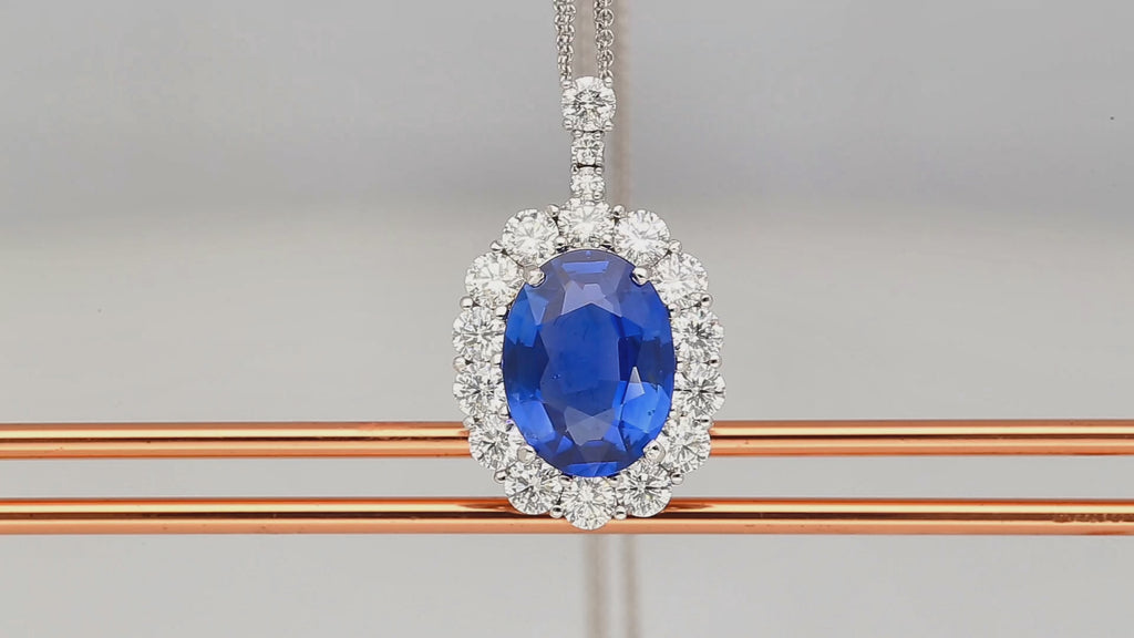 5.83 Carat Oval No Heat Blue Sapphire & Diamond Halo Platinum Pendant Necklace