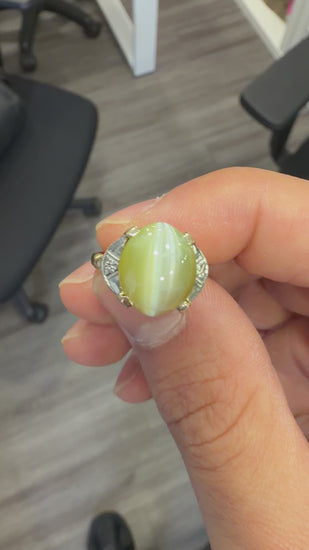 GIA Certified 9.46 Carat Green Cats Eye Chrysoberyl 14K Gold Art Deco Ring