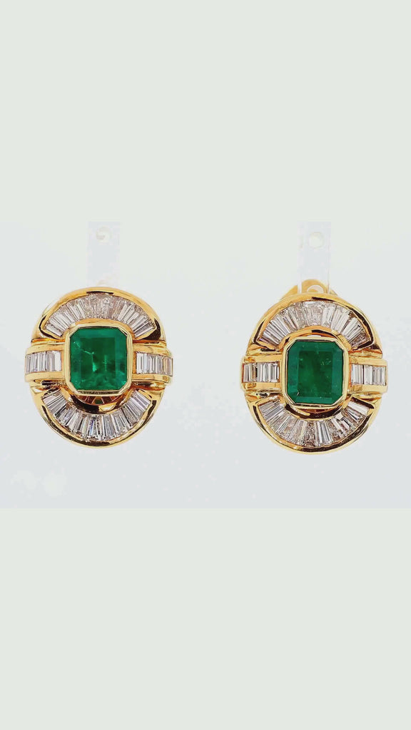 7 Carat Emerald & Baguette Diamond 18K Gold Ballerina Statement Earrings