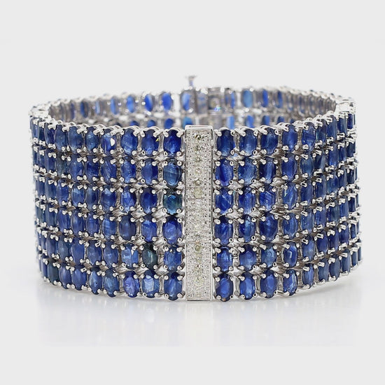 110 Carat Blue Sapphire & Diamond 14K White Gold Six Row Wide Wrap Bracelet