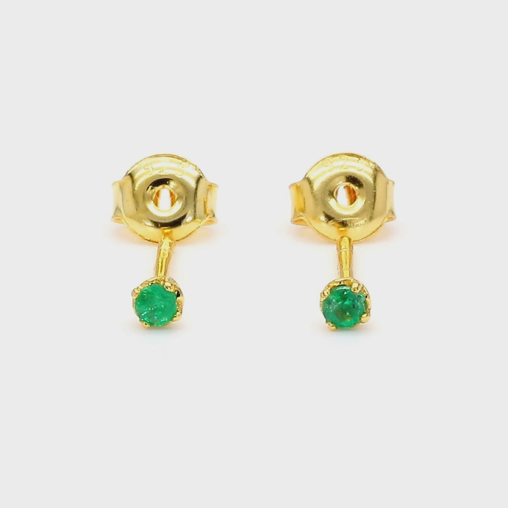 2.5mm Tiny Natural Emerald Round Stud Earrings 14K Gold Plated Silver