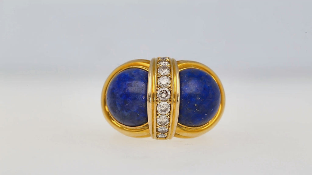 Vintage Retro Cabochon Lapis Lazuli 18K Gold Clip-On Earrings and Ring Set