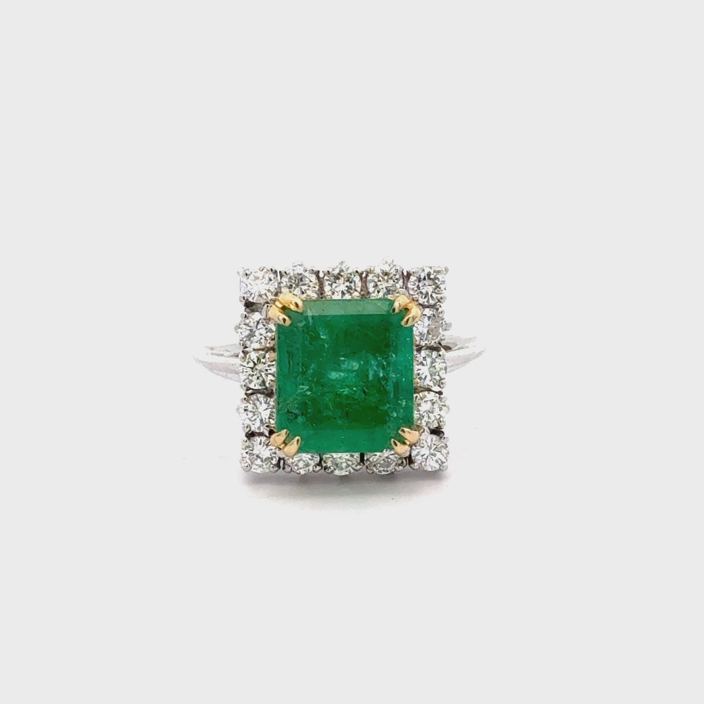 2.97 Carat Emerald Cut Emerald & Diamond Halo 18K White Gold Vintage-Style Ring