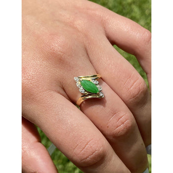 Bague en jade jadéite taille marquise avec diamants naturels en or jaune massif 18k – Assay Jewelers